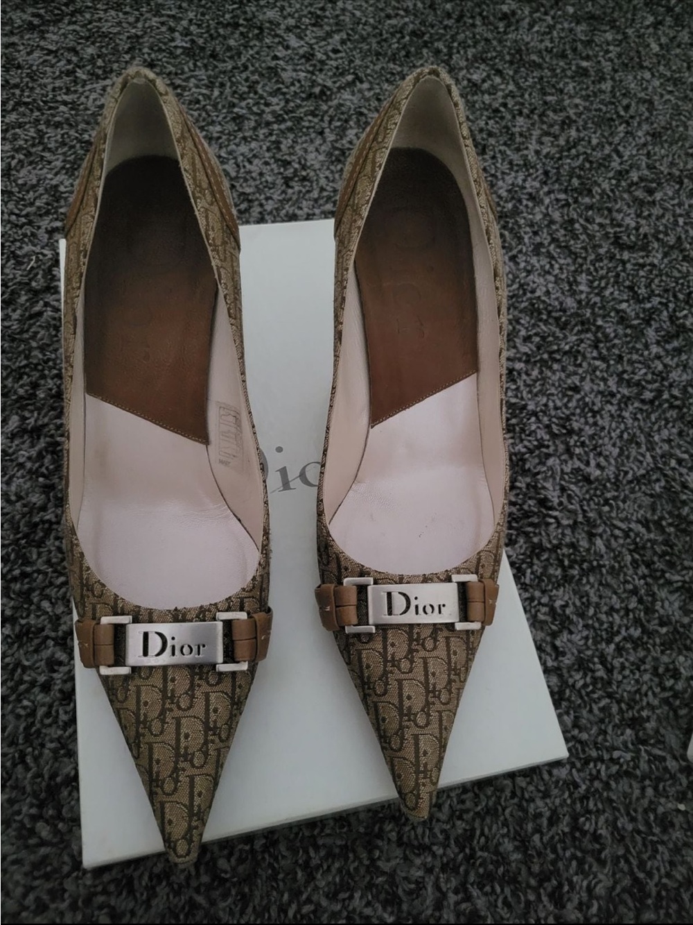Dior Tan Monogram Pointed-Toe Logo Pumps